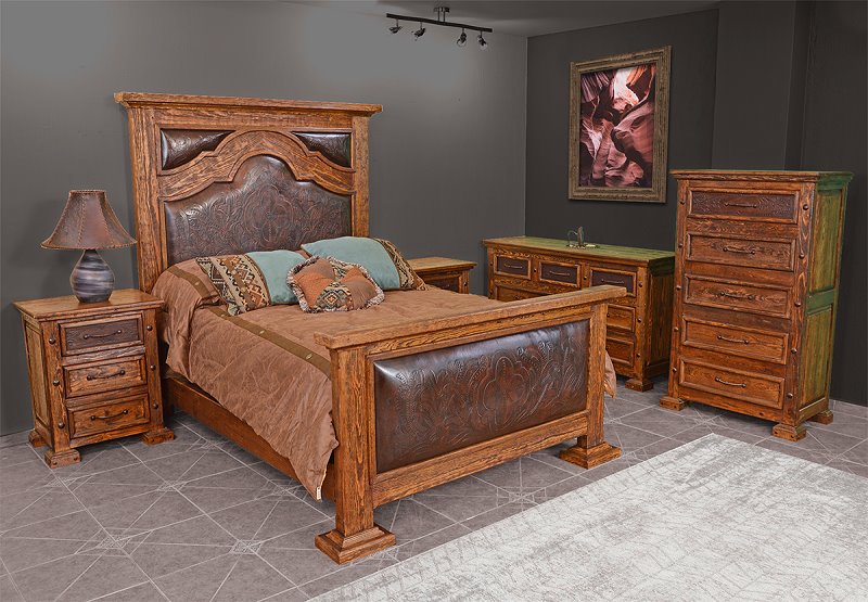 Ambassador Rustic Bedroom Set with Tooled Leather Accents