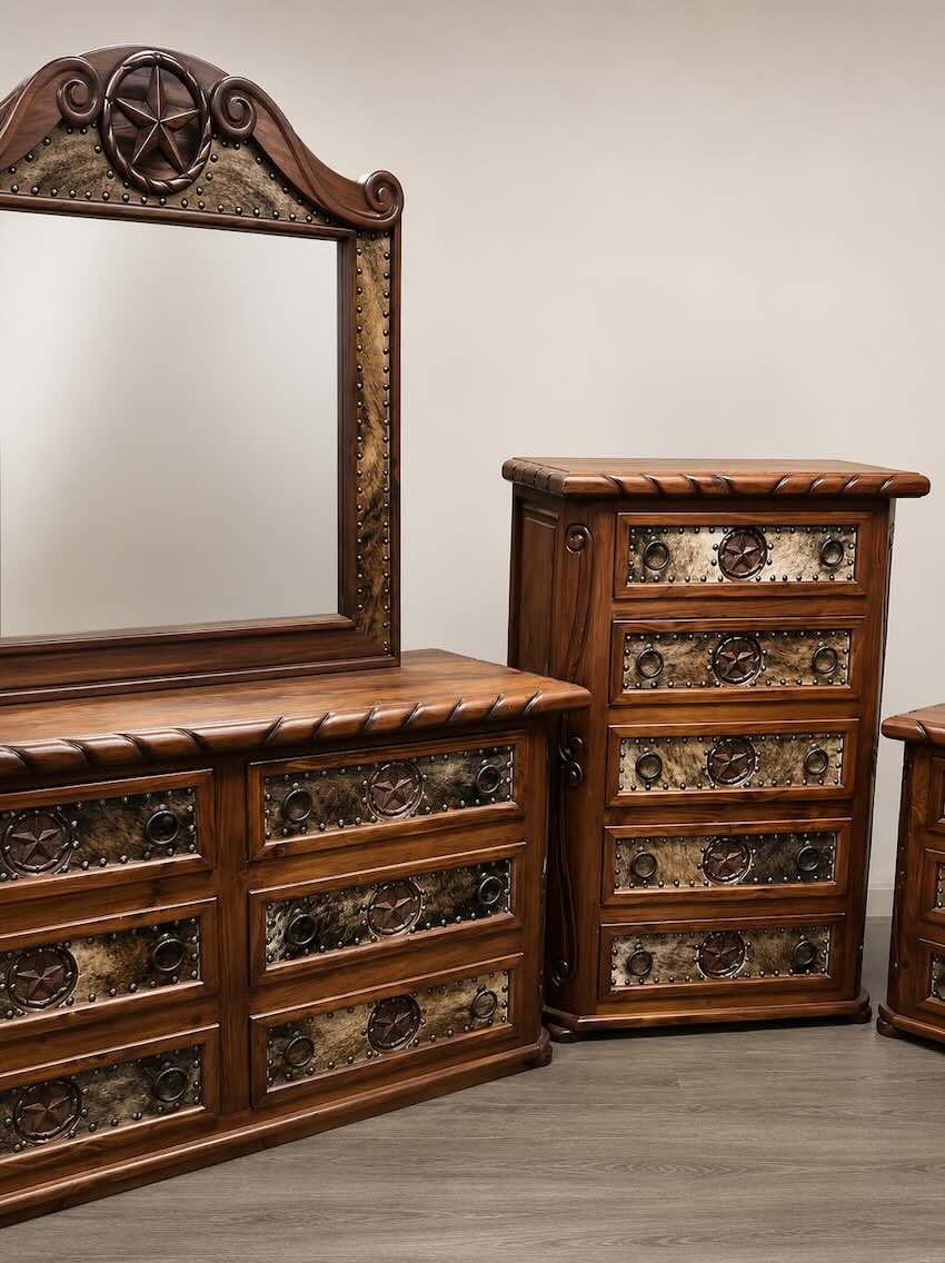 Lone Star Western Rustic 6-Piece King Bedroom Set With Cowhide Accents