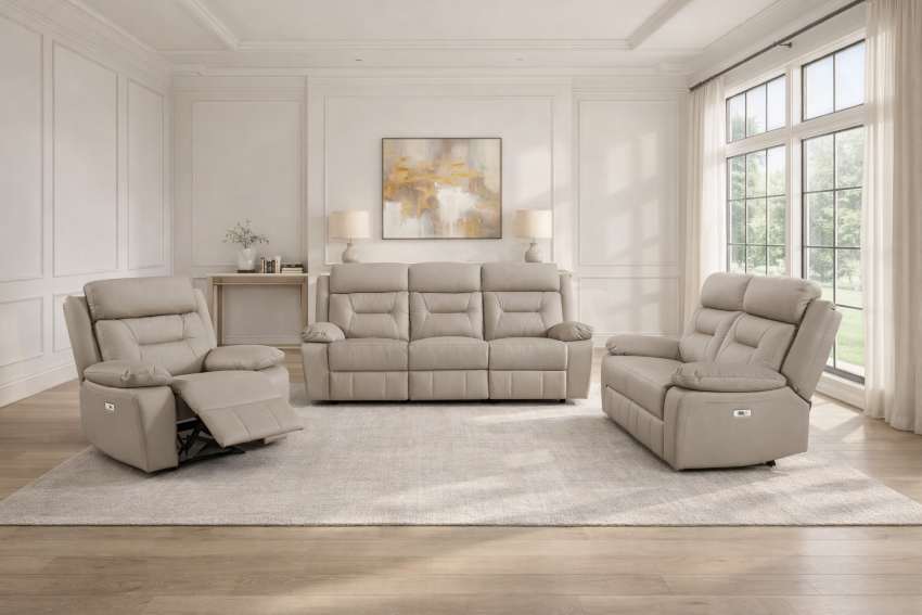 Laconia Top Grain Leather Power Reclining Sofa Set in Latte Laconia Top Grain Leather Power Reclining Sofa Set in Latte