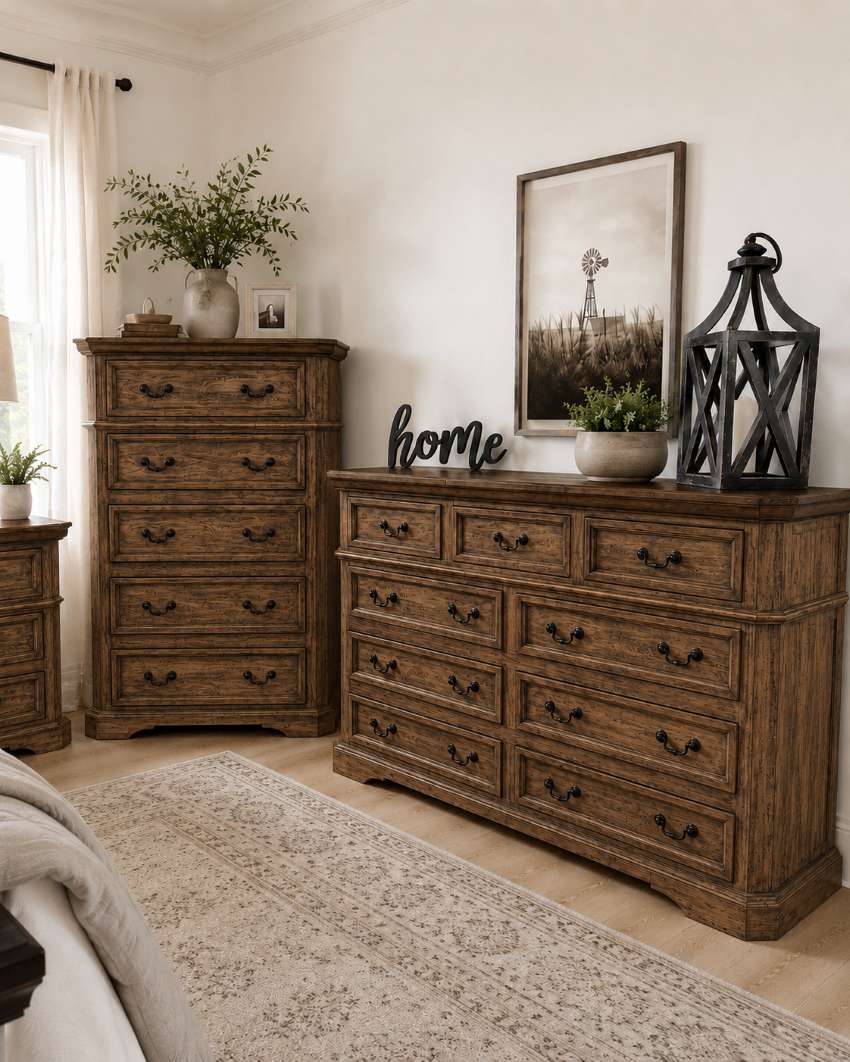 Lakewood Farmhouse Rustic 6-Piece King Bedroom Set in Natural Brown