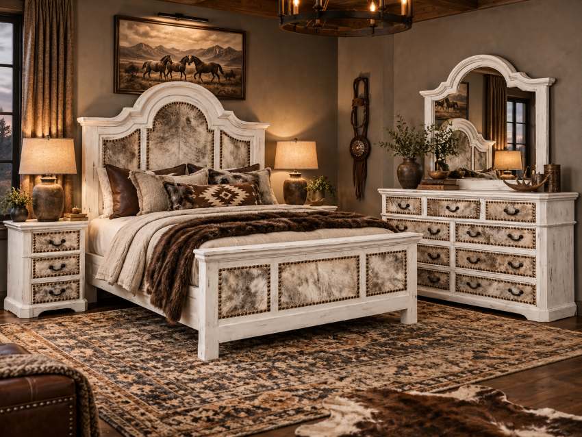 Lakewood White Rustic Cowhide 6-Piece King Bedroom Set