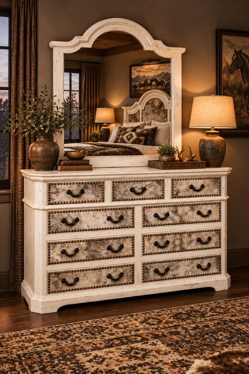 Lakewood White Rustic Cowhide 6-Piece King Bedroom Set