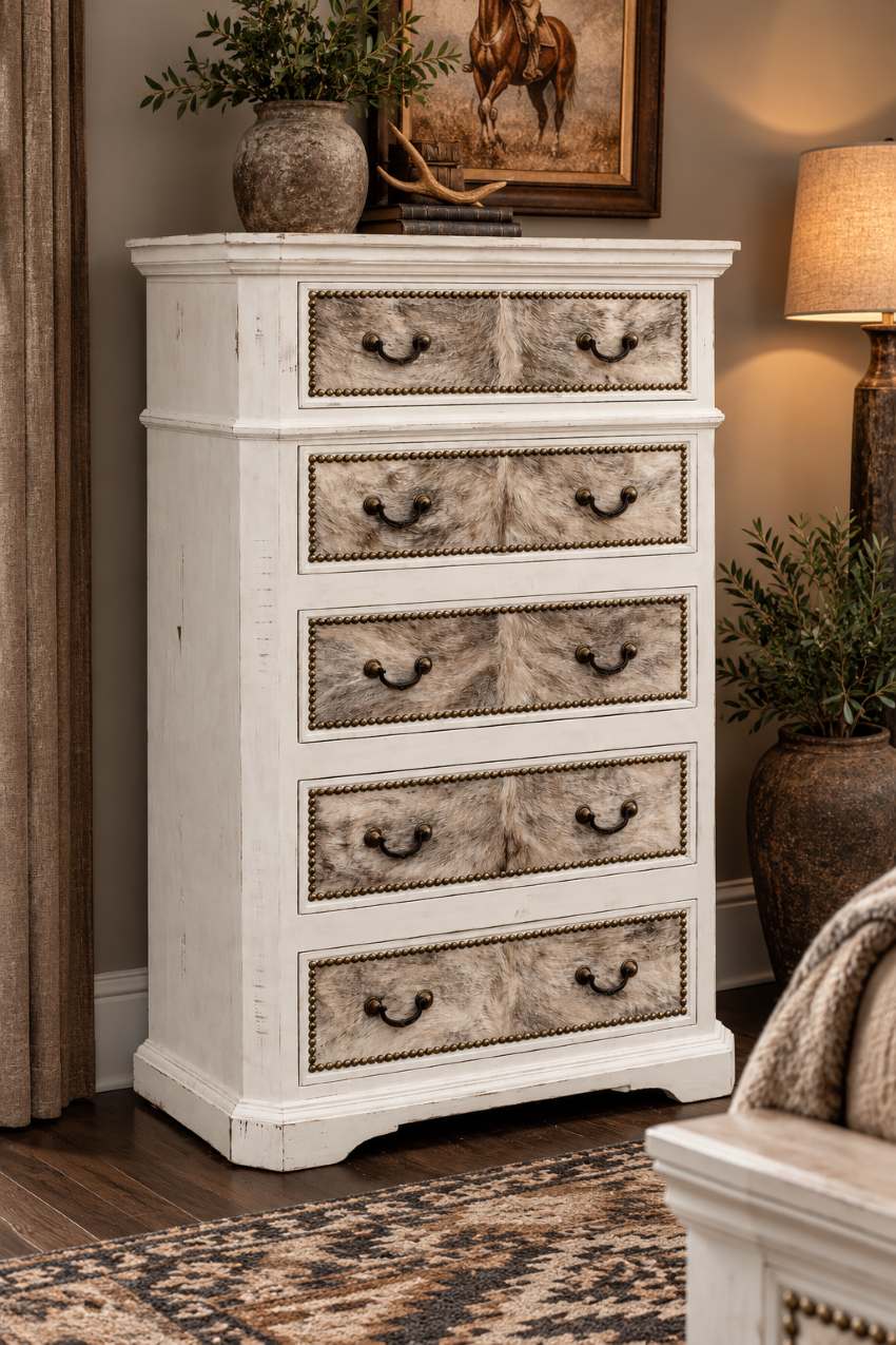 Lakewood White Rustic Cowhide 6-Piece King Bedroom Set
