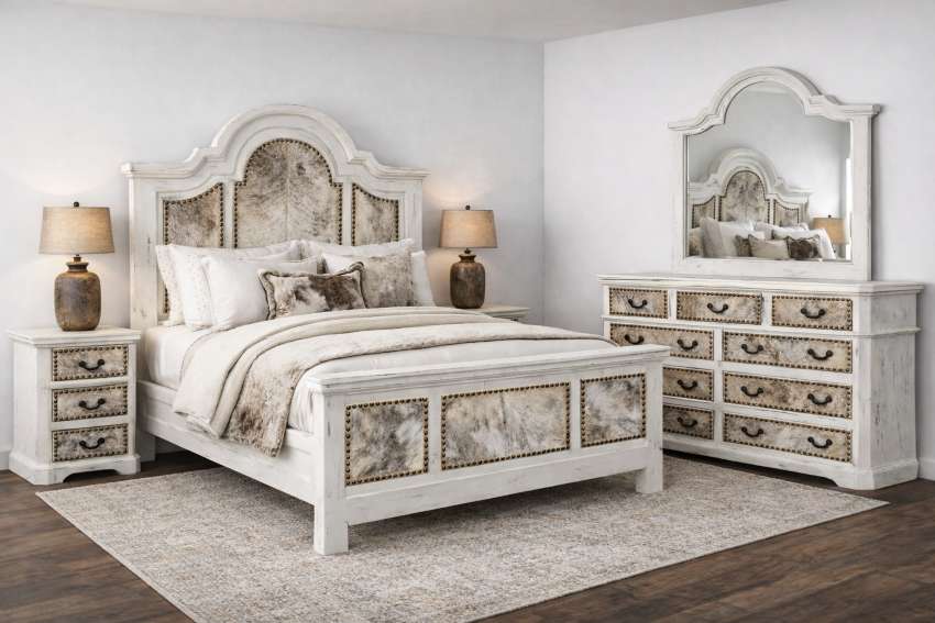 Lakewood White Country Cowhide 6-Piece King Bedroom Set