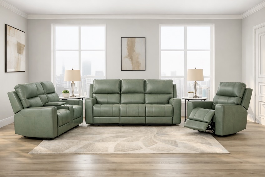 Laredo Sage Green Top Grain Leather Reclining Sofa Set