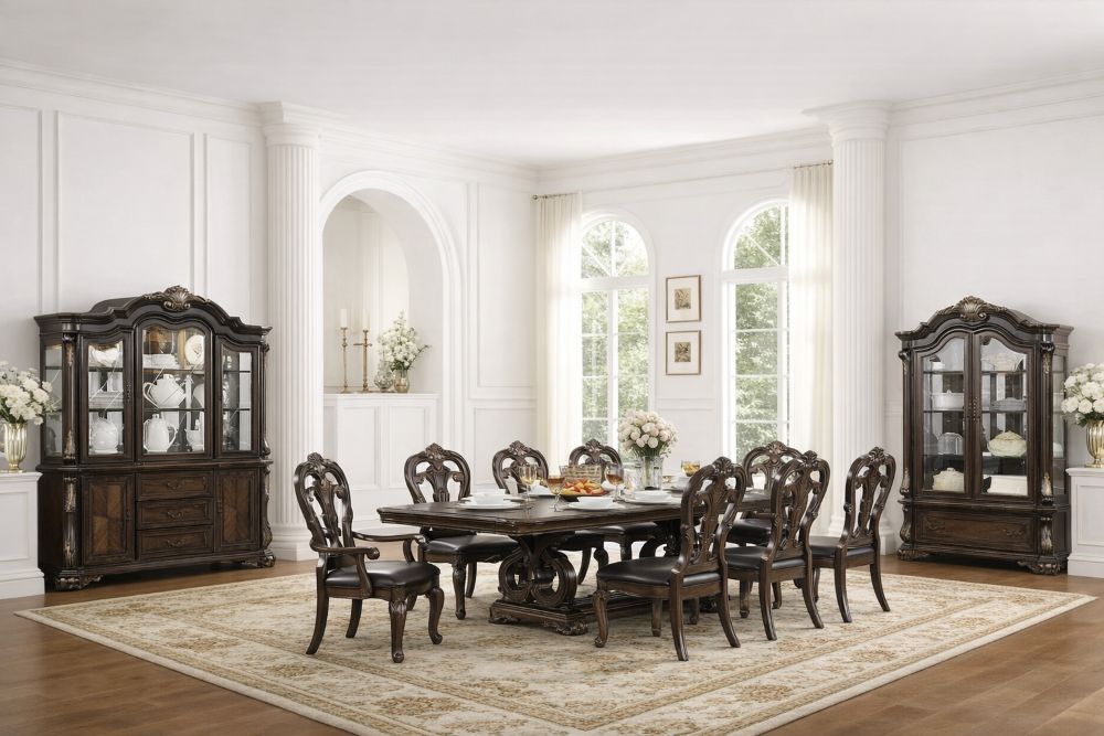 Leovanni Luxury Formal 9-Piece Dining Room Set in Dark Walnut Leovanni Luxury Formal 9-Piece Dining Room Set in Dark Walnut