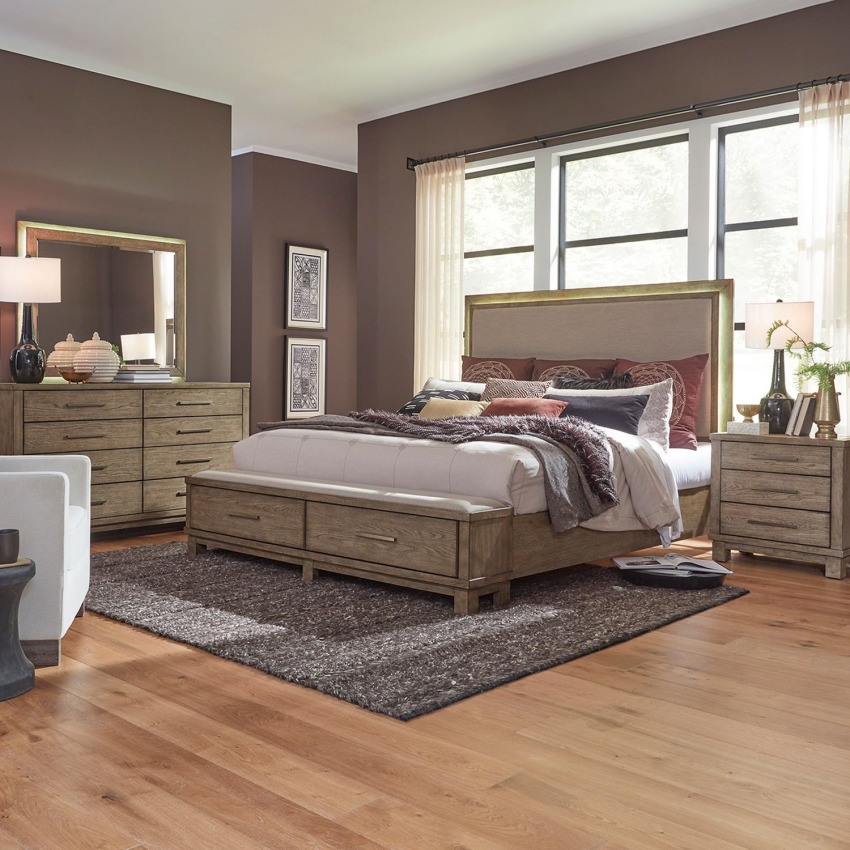 Canyon Road Bedroom Set with Upholstered Burlap Linen Panel with Storage