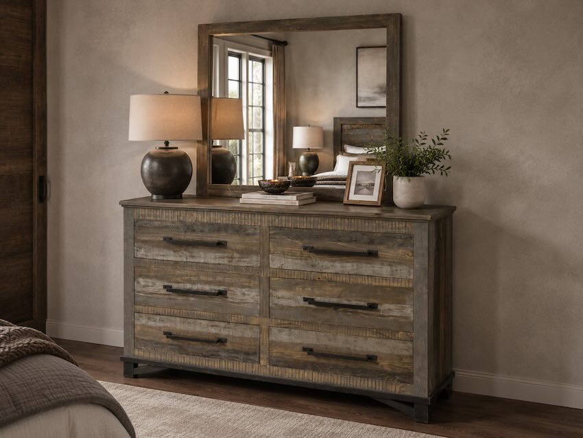 Loft Pine Modern Industrial Rustic Bedroom Set in Multi-Brown