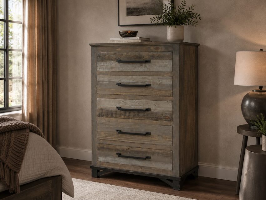 Loft Pine Modern Industrial Rustic Bedroom Set in Multi-Brown