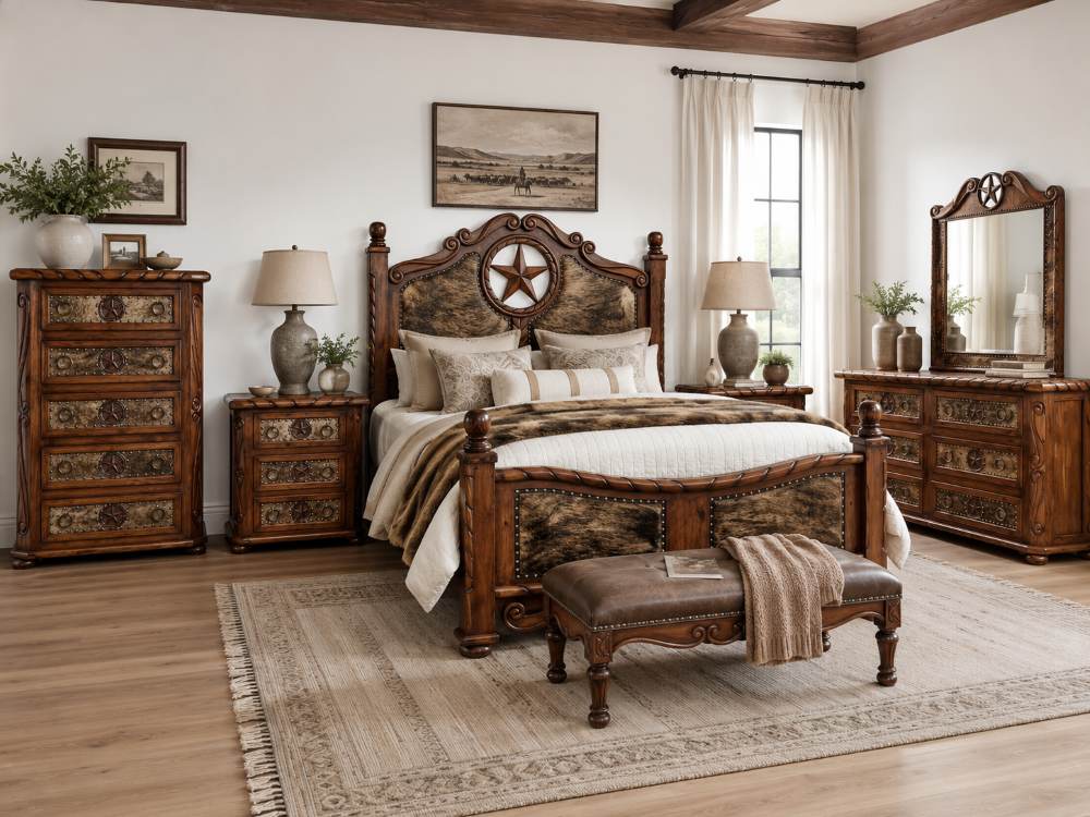 Lone Star Western Rustic 6-Piece King Bedroom Set With Cowhide Accents Lone Star Western Rustic 6-Piece King Bedroom Set With Cowhide Accents