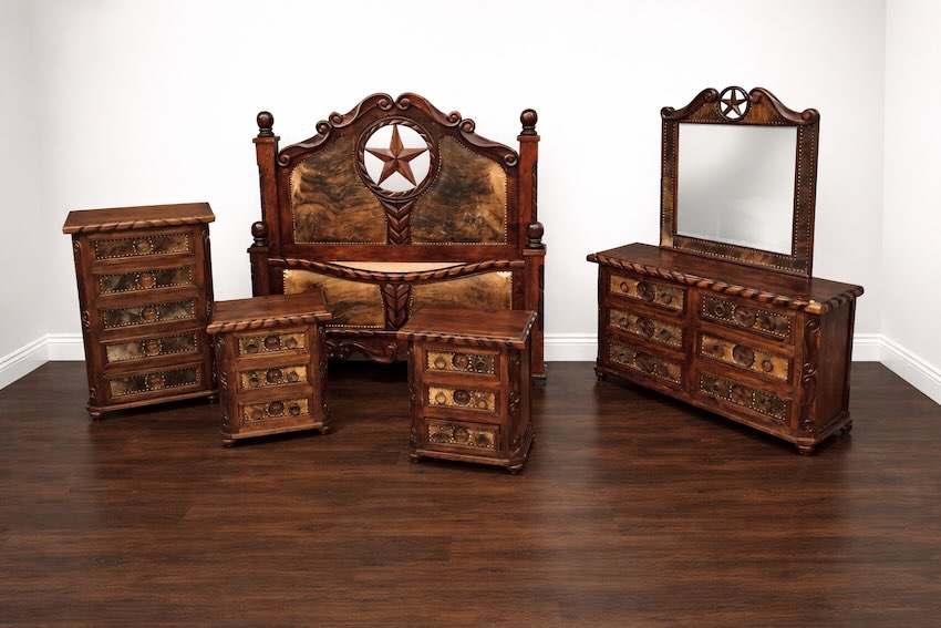 Lone Star Western Rustic 6-Piece King Bedroom Set With Cowhide Accents