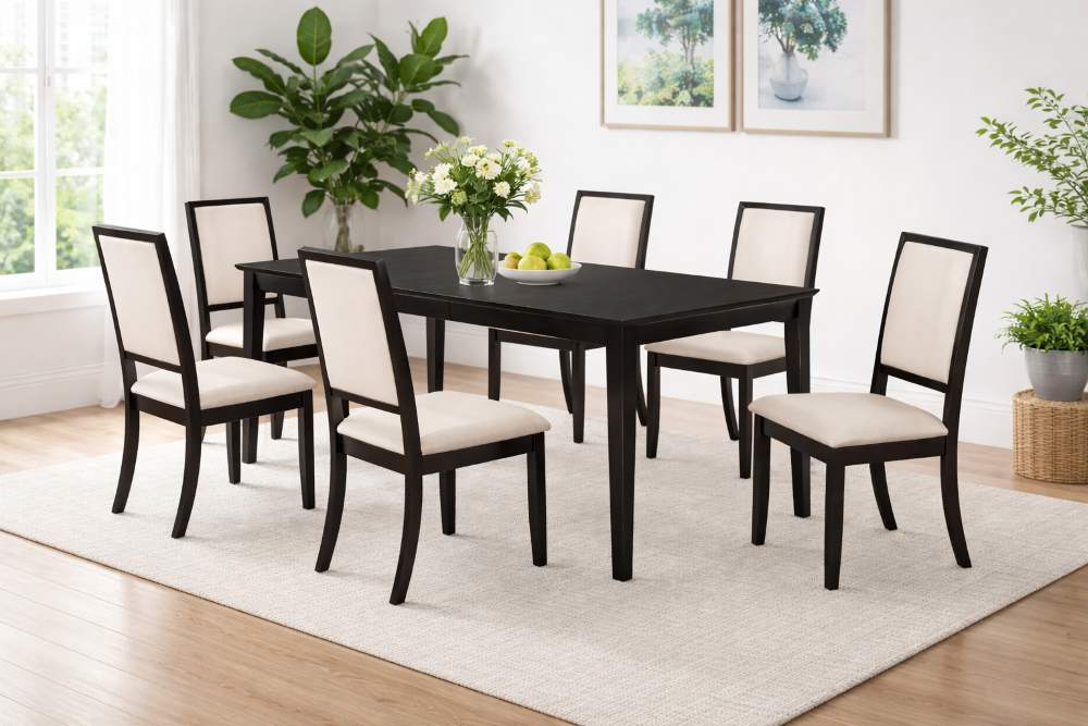 Louise Modern Transitional Black 7-Piece Dining Set with Cream Chairs Louise Modern Transitional Black 7-Piece Dining Set with Cream Chairs