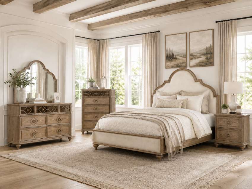 Lyris French Farmhouse Bedroom Set in Rustic Oak Lyris French Farmhouse Bedroom Set in Rustic Oak