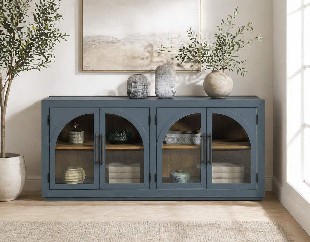 Magnolia Dusty Blue Modern Organic Luxury Console Cabinet with Cathedral Glass Doors