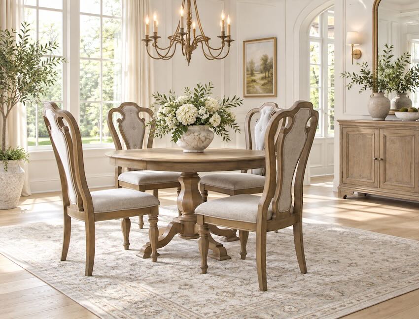Magnolia Manor French Country 5-Piece Pedestal Dining Set in Weathered Bisque