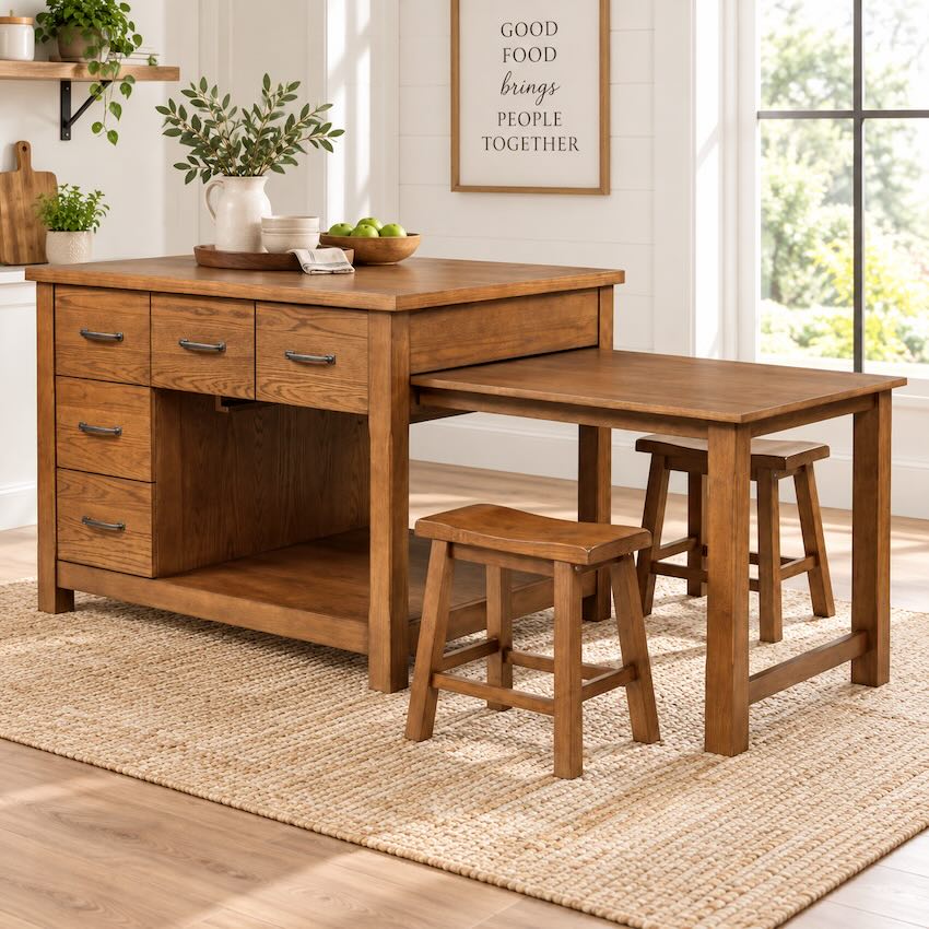 Mayfair Dark Oak Farmhouse Kitchen Island with Extension Table & 2 Stools Mayfair Dark Oak Farmhouse Kitchen Island with Extension Table & 2 Stools