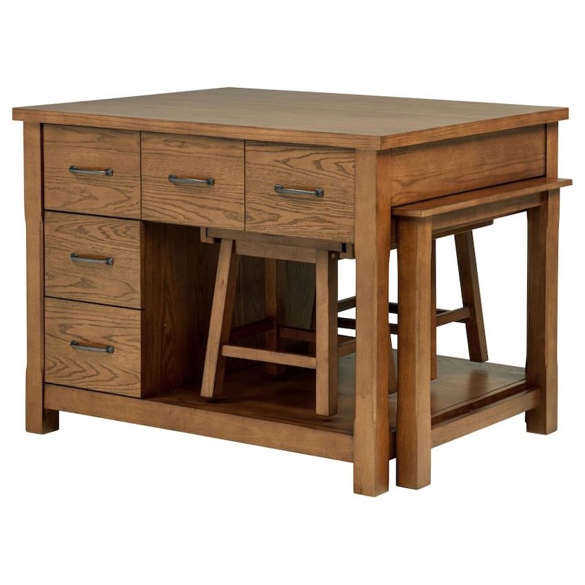 Mayfair Dark Oak Farmhouse Kitchen Island with Extension Table & 2 Stools