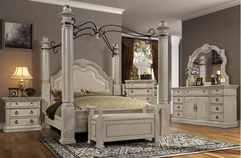 Grand Estate Bedroom Set with Canopy Bed in White Wash