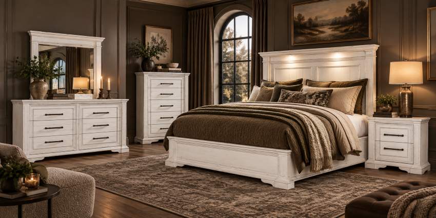 McKinney Vintage White Traditional Bedroom Set with LED Reading Lights