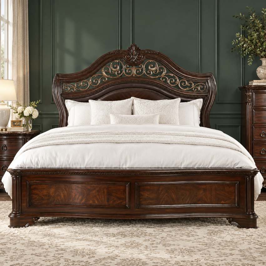 Menodora Brown Cherry Transitional Bedroom Set with Marble Tops