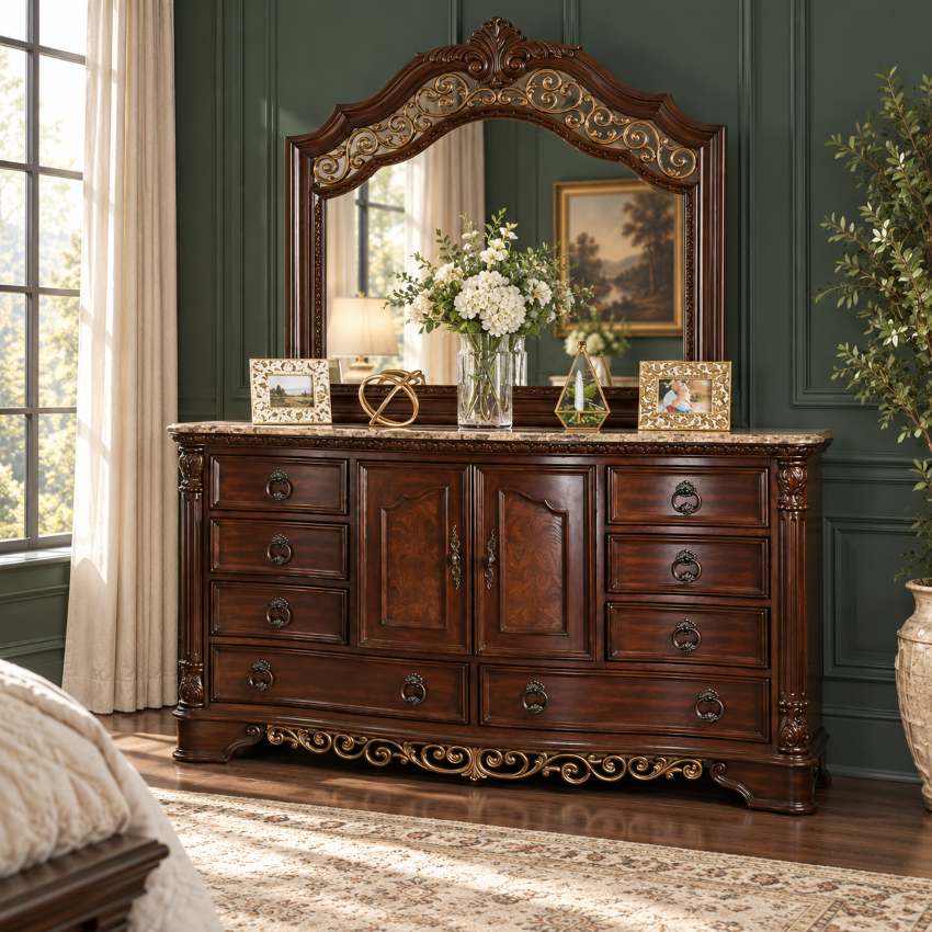 Menodora Brown Cherry Transitional Bedroom Set with Marble Tops