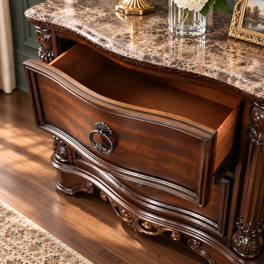 Menodora Brown Cherry Transitional Bedroom Set with Marble Tops