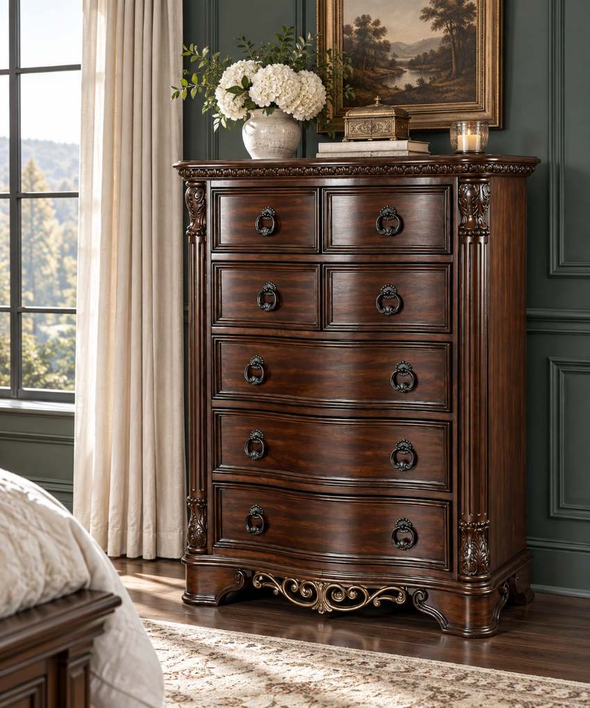 Menodora Brown Cherry Transitional Bedroom Set with Marble Tops