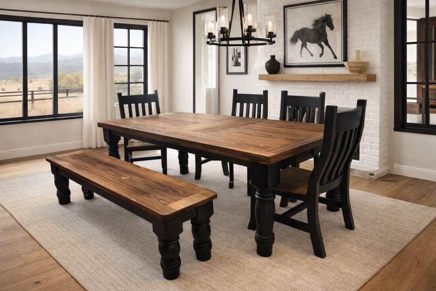 Midnight Mesa Western Rustic Dining Set with Bench in Black