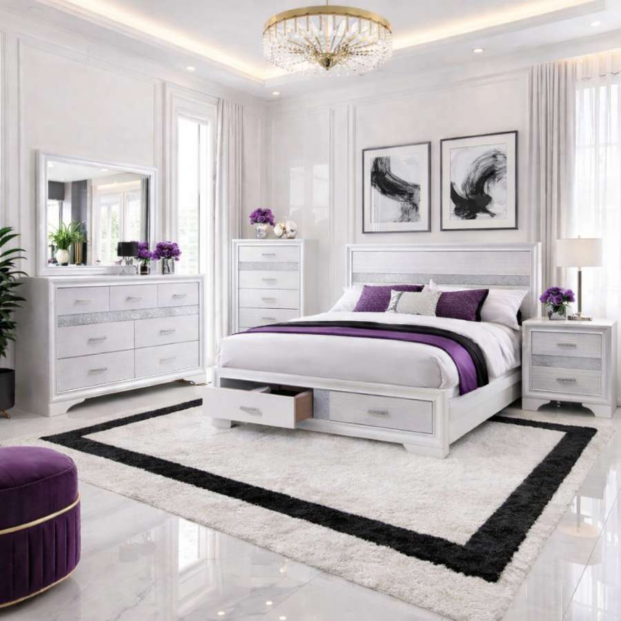 Miranda White Modern Glam Bedroom Set with Storage Bed Miranda White Modern Glam Bedroom Set with Storage Bed