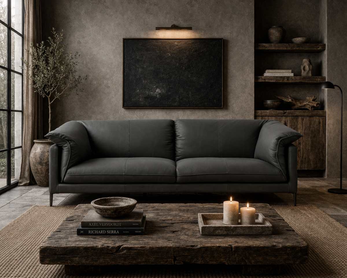 Modern Industrial Black Top Grain Leather Langston Sofa Modern Industrial Black Top Grain Leather Langston Sofa