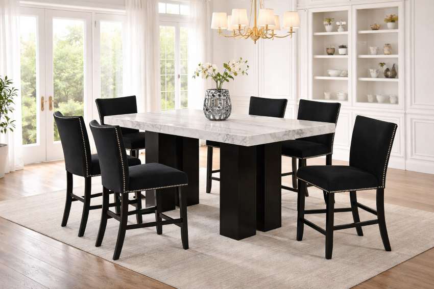 Monroe Transitional Marble Top Counter Height Dining Set with Black Velvet Chairs Monroe Transitional Marble Top Counter Height Dining Set with Black Velvet Chairs