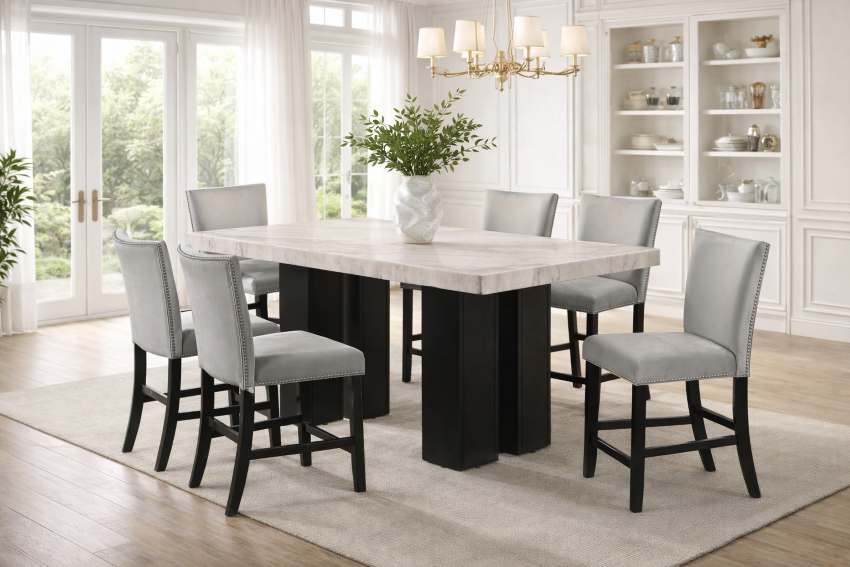 Monroe Transitional Marble Top Counter Height Dining Set with Grey Velvet Chairs Monroe Transitional Marble Top Counter Height Dining Set with Grey Velvet Chairs