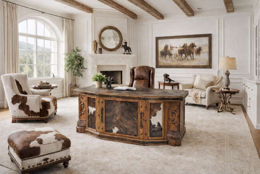 LMT Design Montana Western Rustic Office Desk with Cowhide Panels
