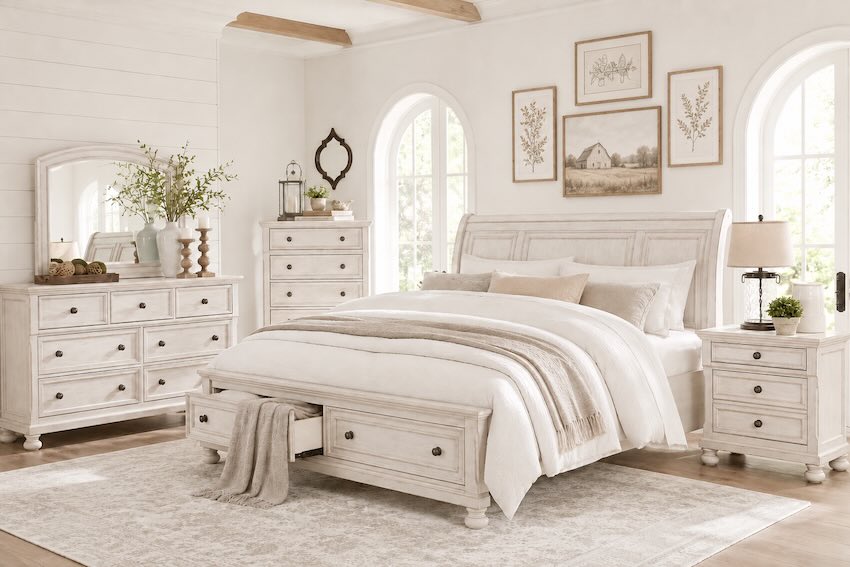 Oakleigh Transitional Farmhouse White Bedroom Set with Storage Bed