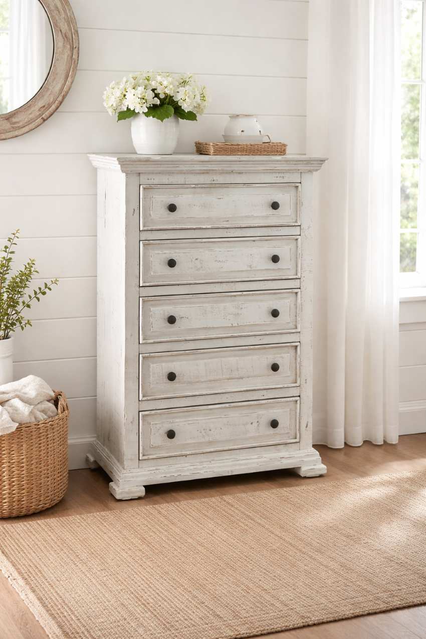 Olivia White Farmhouse Rustic Tall Chest *Warehouse Clearance*