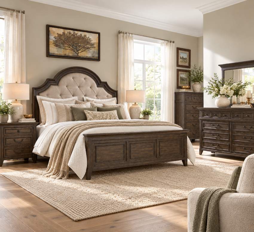 Paradise Valley Rustic Traditional Bedroom Set with Upholstered Bed