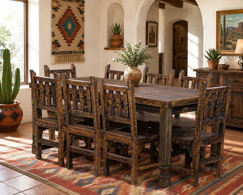 Ponderosa Ridge Western Rustic 9-Piece Solid Pine Dining Set in Dark Brown