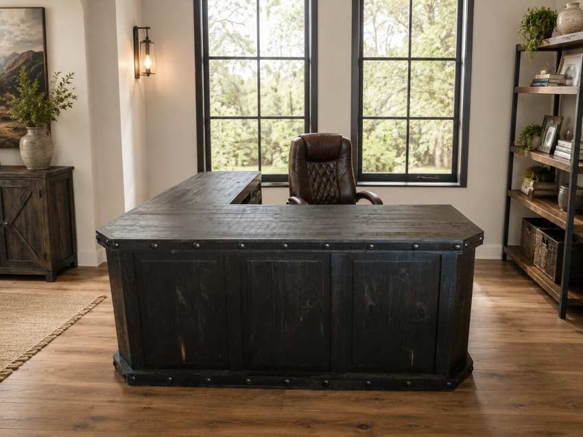 Sonora Western Rustic L-Shaped Desk in Distressed Dark Brown Sonora Western Rustic L-Shaped Desk in Distressed Dark Brown