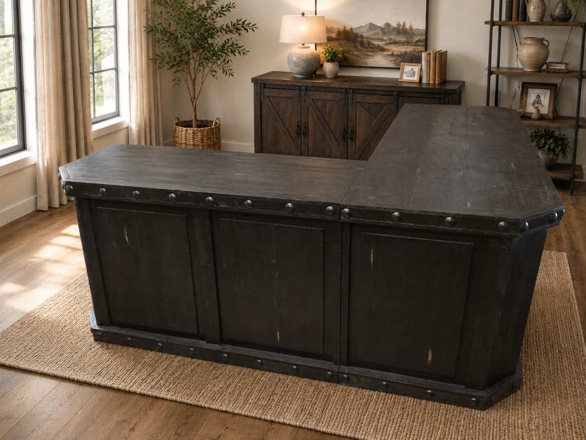 Sonora Western Rustic L-Shaped Desk in Distressed Dark Brown