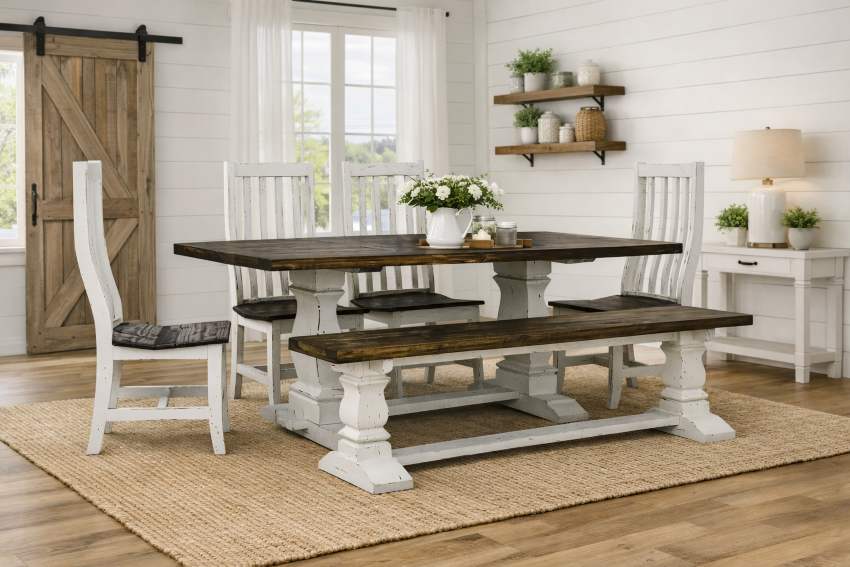Rio Grande Farmhouse Rustic White Dining Set with Long Bench