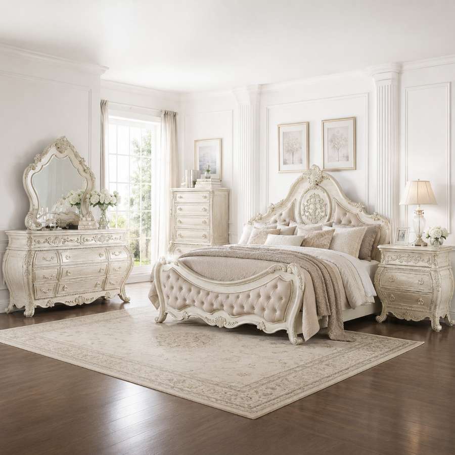 Ragenardus Luxury Ornate Bedroom Set in Antique White