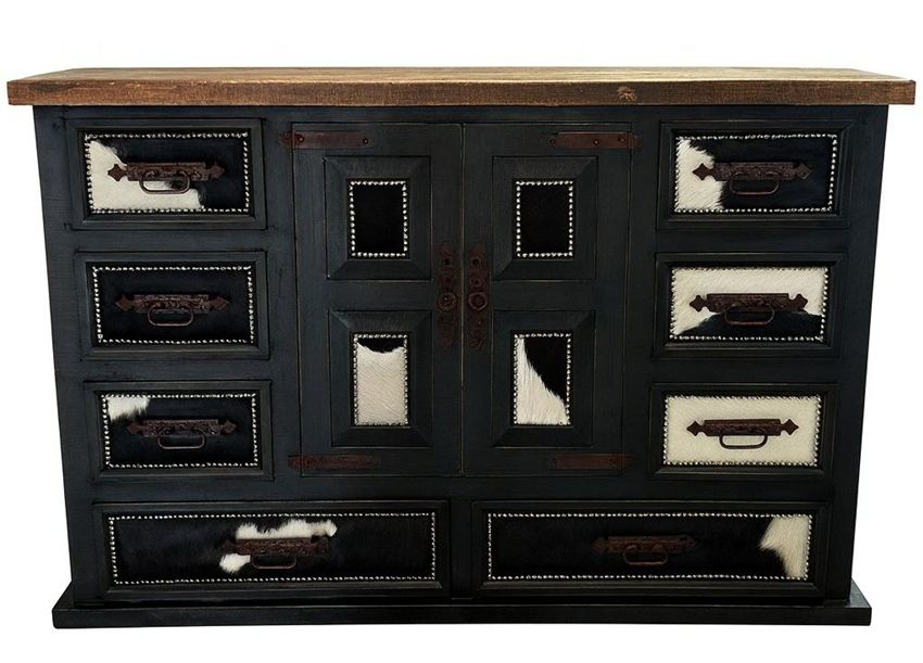 Ranchero Western Rustic Black King Bedroom Set with Cowhide