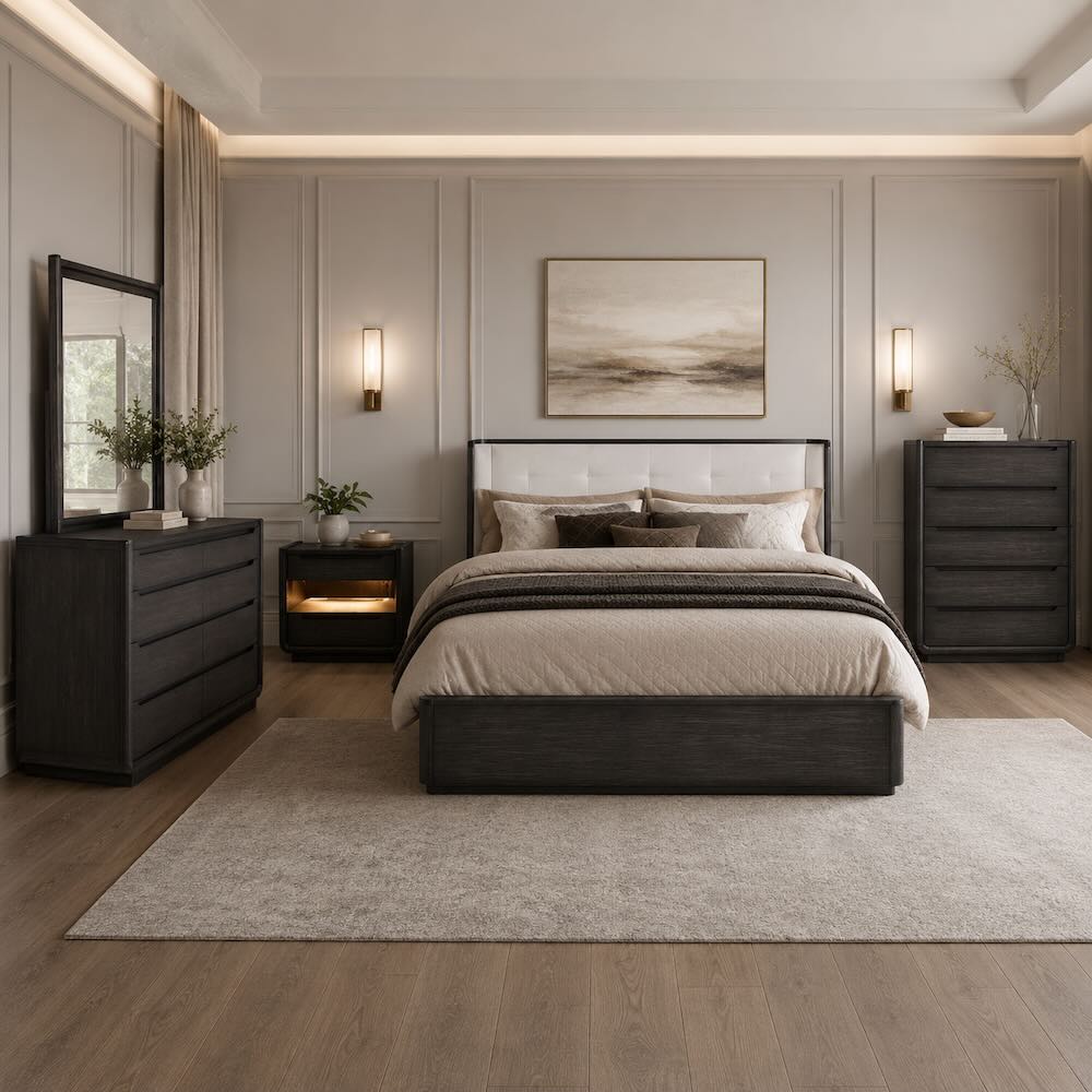 Ravenwood Burnished Black Contemporary Upholstered Bedroom Set