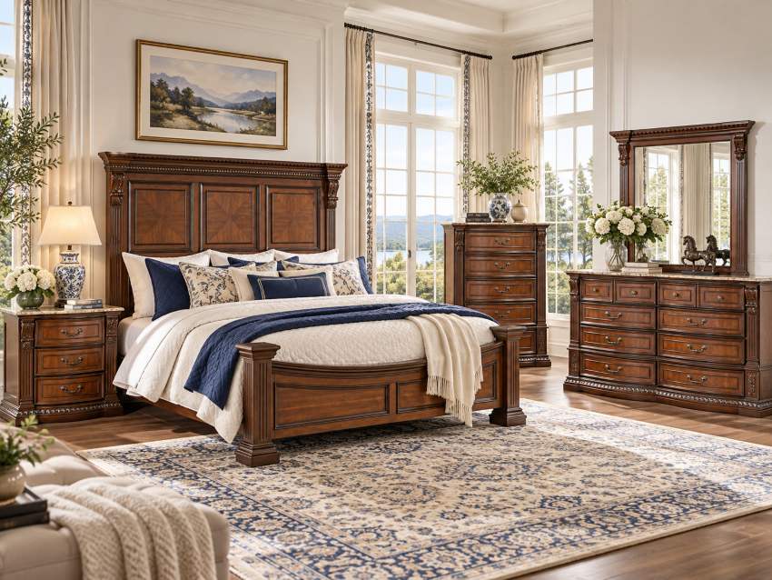 Regency Dark Cherry Traditional 6-Piece King Bedroom Set with Marble Tops