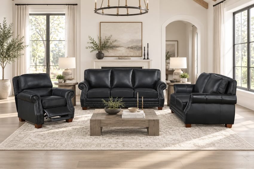 Remington Black Top Grain Leather Sofa, Loveseat & Recliner Set Remington Black Top Grain Leather Sofa, Loveseat & Recliner Set