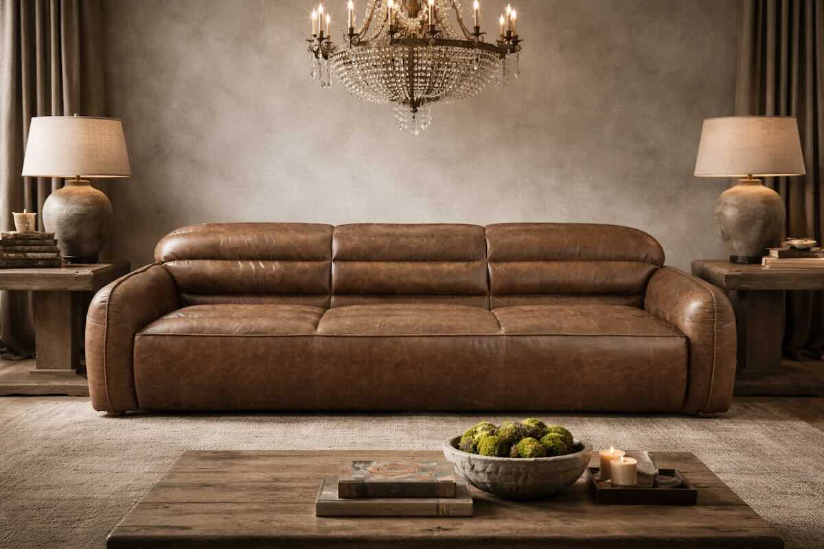 Restoration Hardware Inspired Top Grain Leather Kensington Sofa in Cocoa Restoration Hardware Inspired Top Grain Leather Kensington Sofa in Cocoa
