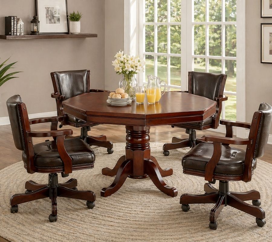 Rowan Transitional Convertible Game Table Dining Set in Brown Cherry