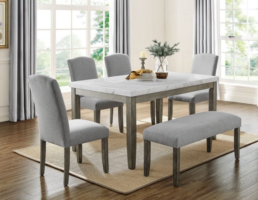 Emily White Marble Dining Room Set with Bench