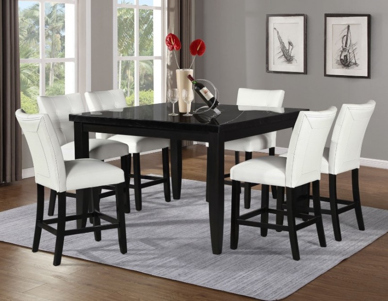 Markina Counter Height Square Marble Dining Room Set with White Chairs
