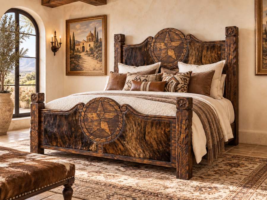 San Antonio Texas Star western rustic bedroom set with cowhide panels